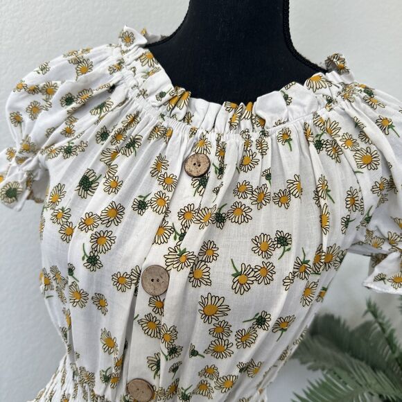 Daisy Floral Print Ruched Blouse Puff Sleeves Juniors XL Right Hippie Blouse - Picture 3 of 11